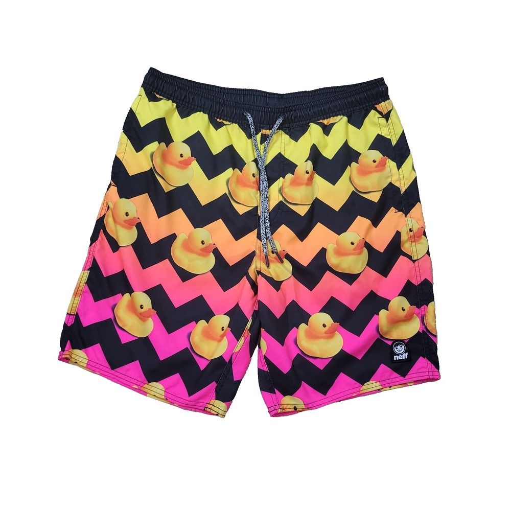 Neff Mens Large Black Yellow Pink All Over Rubber Duck Hypnotic Swimsuit